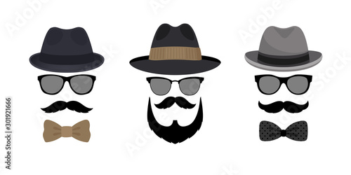 Invisable man hat mustache and glasses. Cartoon vintage abstract male face, bearded gentleman with bowler and bow tie, hipster nerd retro fashion portrait on white