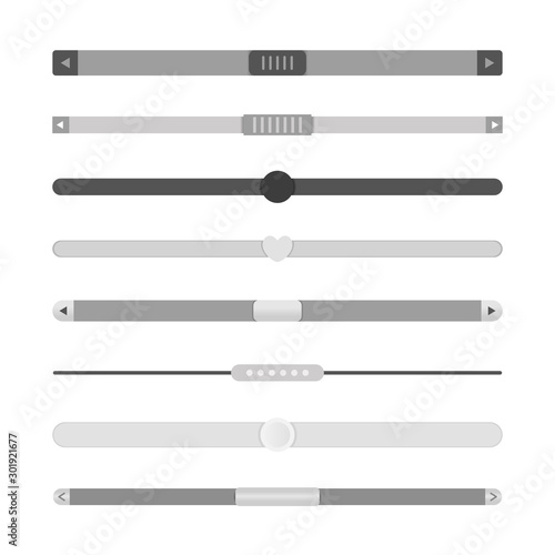 Scrollbars. Website design template scroll bars, computer ui scrolling tools vector elements, web rollover bar set isolated on white background
