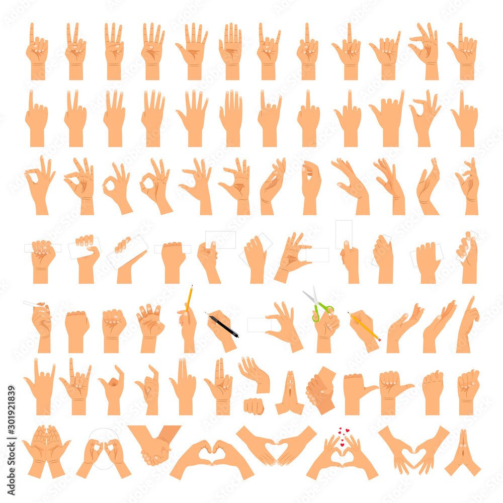 Woman hands and arms expressions. Women hand sign big set, ok and love heart, help handshake and press touch, praying and meditation, good and small