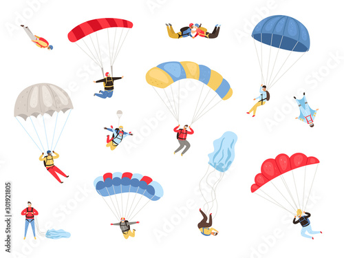 Parachute skydivers. Paraglide and parachute jumping characters on white, paragliders and parachutists vector illustration, skydiver hobby and sport activities photo