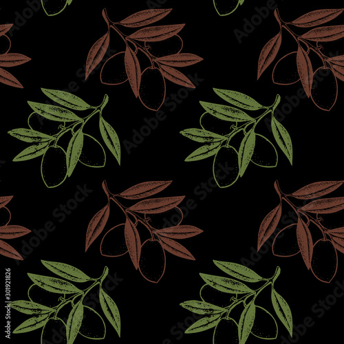Hand drawn seamless pattern. Olive branches and fruits for Italian, Greek cuisine design, extra virgin oil food or cosmetic product packaging wrapper. Vector illustration isolated on black background