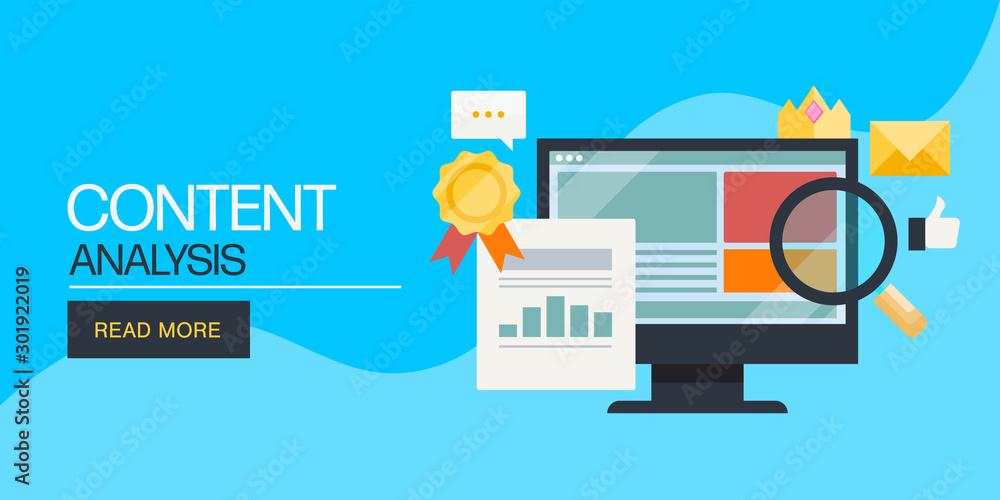 Content analysis, content marketing audit, seo data concept. Flat design web banner template. Content analysis, content marketing audit, seo data concept. Flat design web banner template.