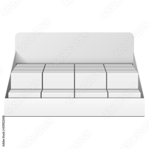 Mockup Display Holder Box Cardboard Filled Blank With Package, Gift, Square Pack. Vitamins, Cosmetic, Perfume, Chocolate. Mock Up, Template. Products On White Background Isolated. Mockup Packing.