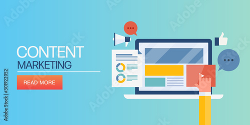 Content marketing, blogging, influercer advertising, user engagement concept.  Web banner template.