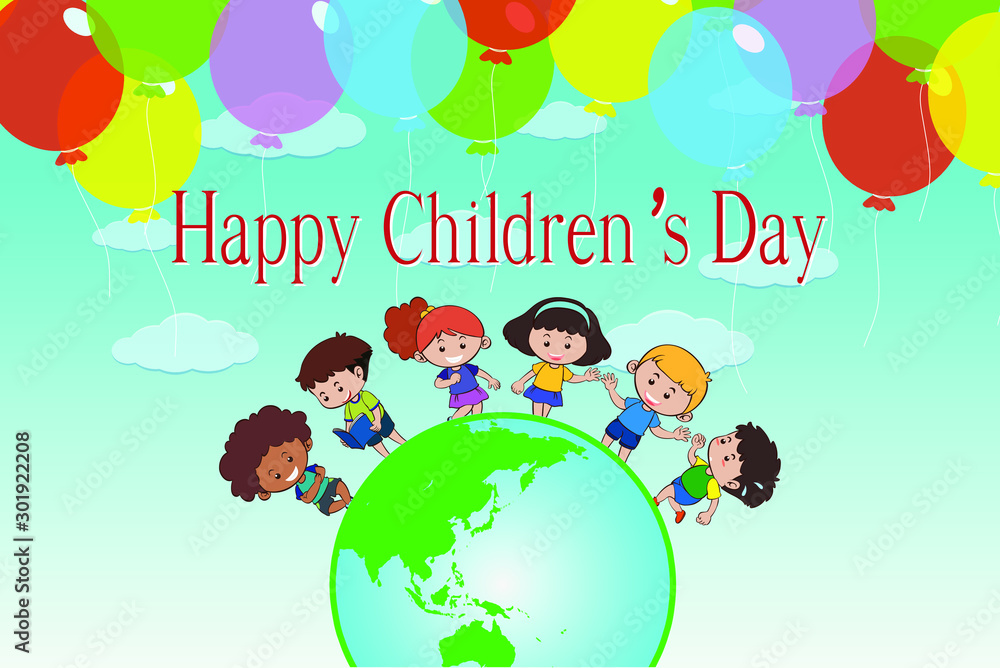 Happy Children's day poster with happy kids around the world. Vector ...