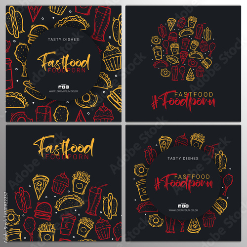 Fast Food and FoodPorn banner with tasty dishes. Burger, French Fries, Soft Drinks and Coffee. Hand draw doodle background.