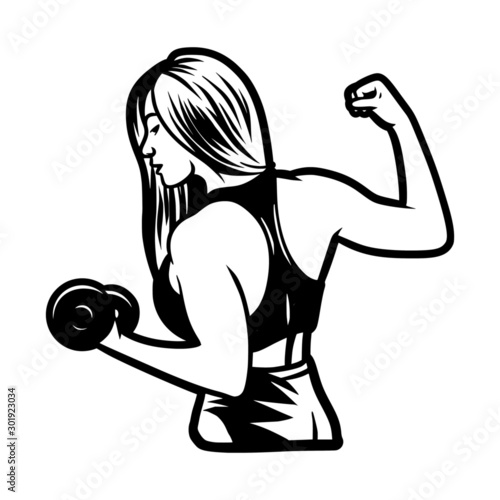 Girl young woman holding barbellin hands. Fitness, gym, bodybuilding vector illustration for poster business logo