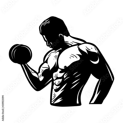 n Bodybuilder. holding dumbbler for business, club, team logo