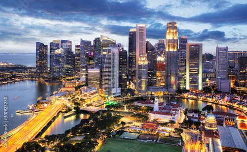 Panoramic image of Singapore skyline at night.