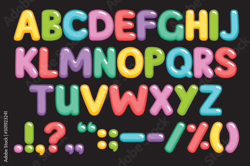 Funny children font with color letters. Colorful alphabet on a black background. Vector illustration.
