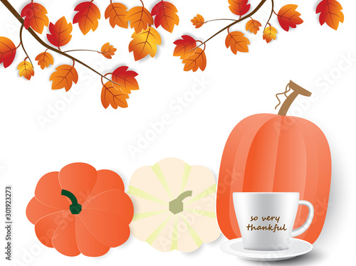 Happy Thanksgiving day greeting card with pumpkins and coffee cup.