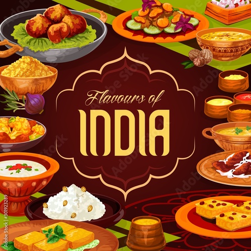 Indian cuisine rice and curry dishes with dessert