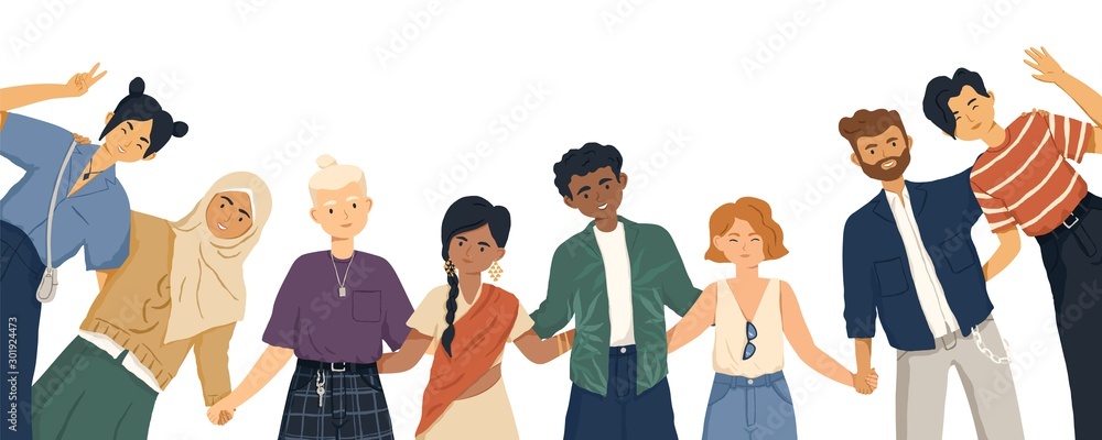 International friendship flat vector illustration. Young diverse people  group standing together cartoon characters. Multiethnic unity and peace  concept. Diversity and social togetherness idea. Stock Vector | Adobe Stock