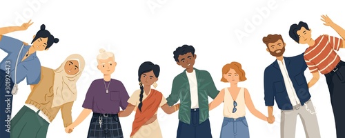 International friendship flat vector illustration. Young diverse people  group standing together cartoon characters. Multiethnic unity and peace  concept. Diversity and social togetherness idea. Stock-vektor | Adobe Stock