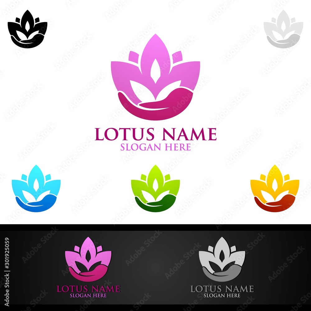 Fototapeta premium Yoga and Lotus flower logo with Health Spa Concept and Human silhouette