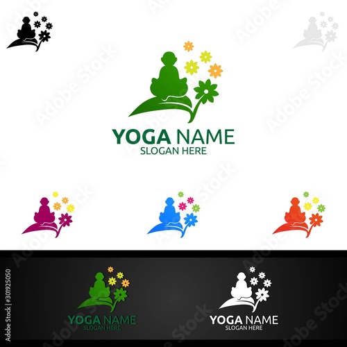 Yoga and Lotus flower logo with Health Spa Concept and Human silhouette