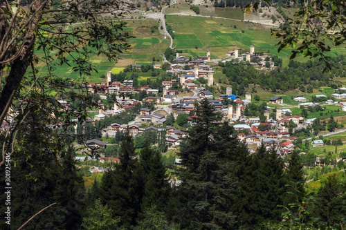 Aerial view from moutain road to Mestia town with svan towers Svaneti Georgia