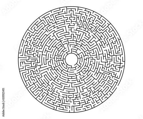 Very hard black vector labyrinth in flat style on an isolated white  background. Round maze puzzle. A game for the of logic, intelligence, find  the way exit from the circle. Stock Vector