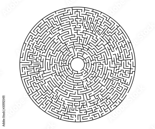 Very hard black vector labyrinth in flat style on an isolated white background. Round maze puzzle. A game for the of logic, intelligence, find the way exit from the circle.