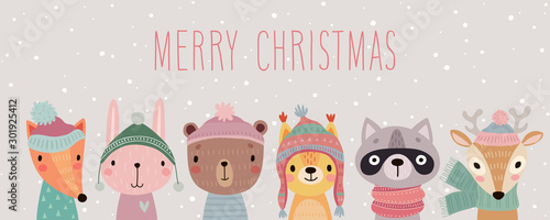 Merry Christmas card with Cute animals. Hand drawn characters in winter clothes. Greeting flyer.