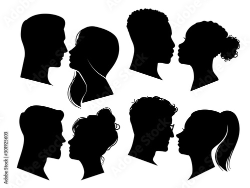 Couple heads in profile. Man and woman silhouettes, black outline face to face anonymous profiles. Avatar portraits vector set