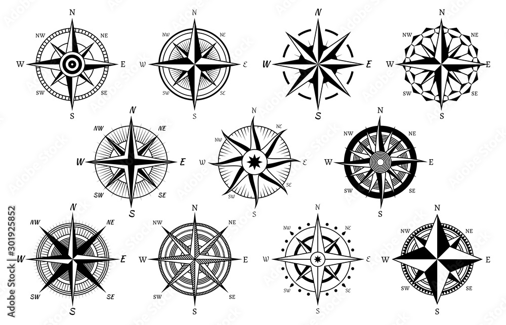 Vettoriale Stock Wind rose. Marine wind roses, compass nautical navigation  sailing symbols, geographic map antique vintage elements and tattoo vector  icons | Adobe Stock