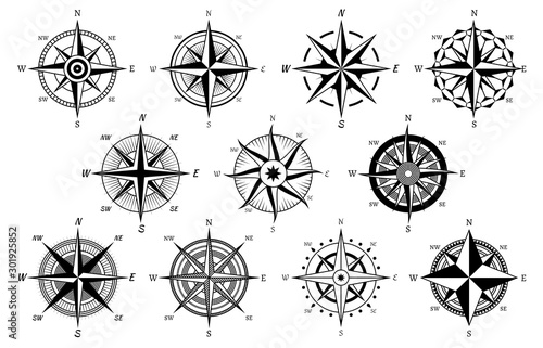 Wind rose. Marine wind roses, compass nautical navigation sailing symbols, geographic map antique vintage elements and tattoo vector icons