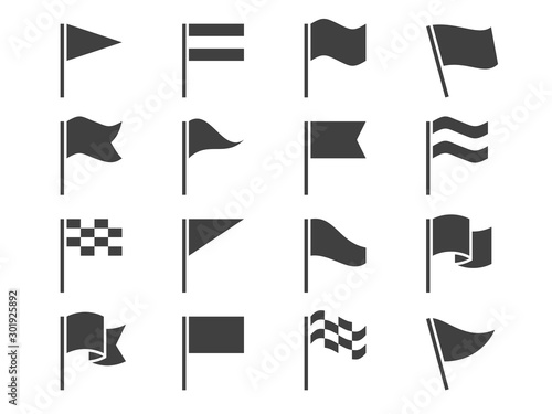 Flag icons. Black waving pennant symbols, outline silhouette flags, banners. Gps location map pins, start and finish signs vector set