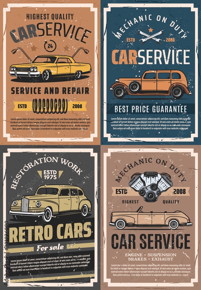 Retro cars with spare parts. Garage service