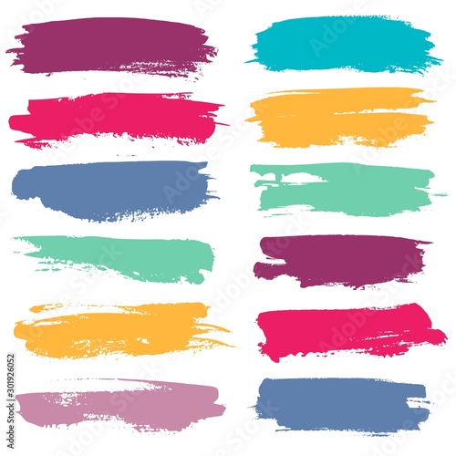 Color grunge brushes. Watercolor paint linear strokes for highlighting, yellow, red and blue, green marker colorful border lines vector set