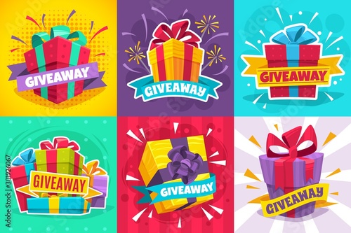 Giveaway winner poster. Gift offer banner, giveaways post and winner reward in contest, prize in boxes with ribbons flyer design vector set