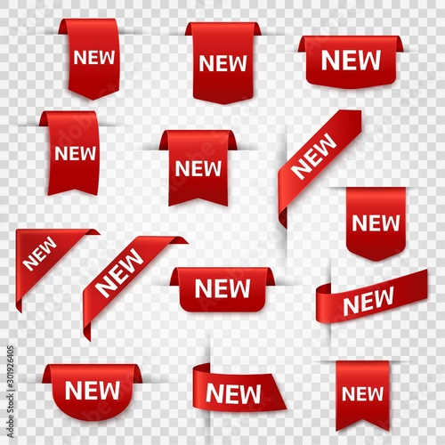 New labels. Newest product red banner ribbons, price shopping tags. Promotion sale badges, special offer stickers vector set