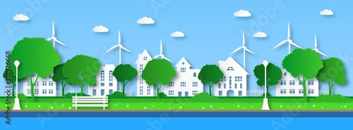 Paper eco city. Green trees in public urban park with buildings and clean blue river promenade. Ecology and environment vector concept