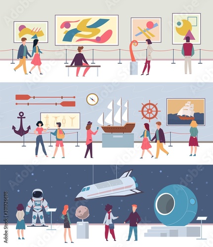 Museum and art gallery set. Art culture painting exhibit science with cultural people looking pictures vector background