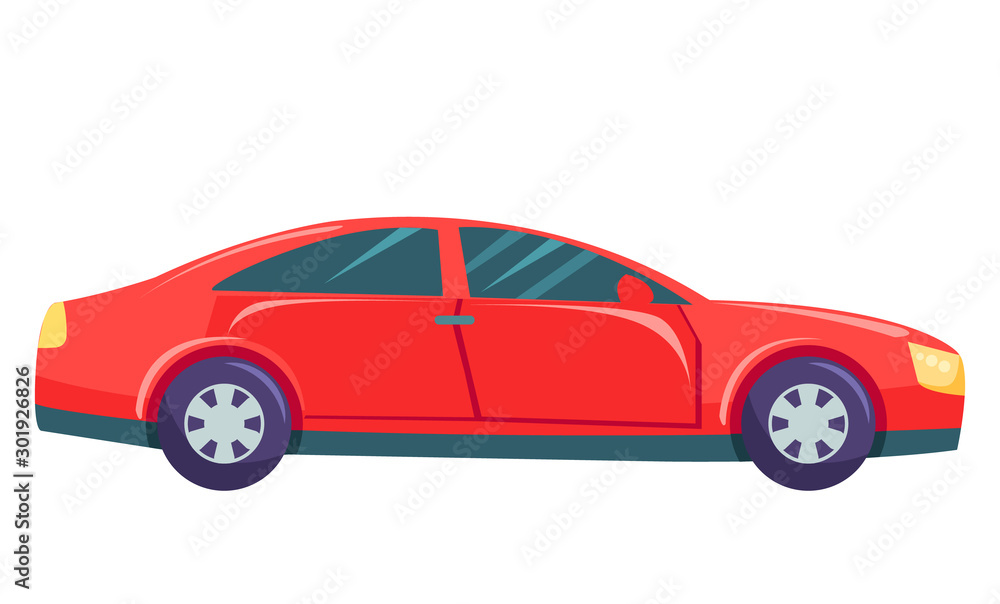 Red small car, hatchback or sedan on street isolated on white background. Automobile to drive and get your destination quickly. Dark, black and toned glasses. Vector illustration in flat style