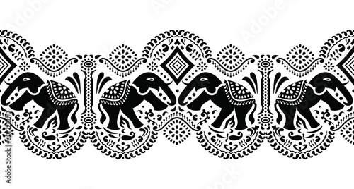 Seamless traditional black and white Asian elephant border design