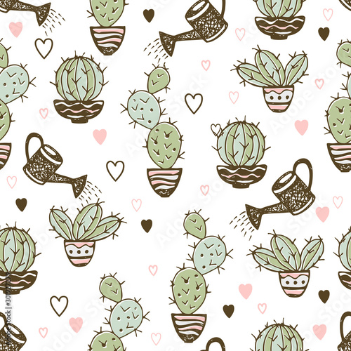 Seamless pattern with cactus in pots and watering pot for irrigation. Vector.