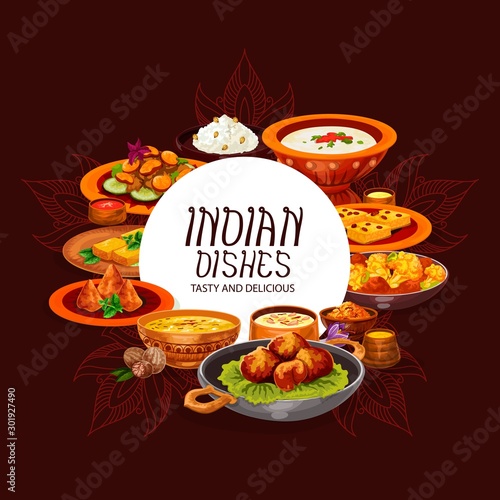 Indian dishes with rice, meat curry and veggies