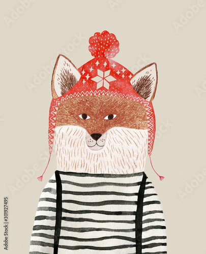 pencil and watercolor drawing of a fox in a winter hat