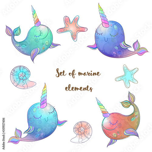 Set of fabulous whales unicorns. Vector.