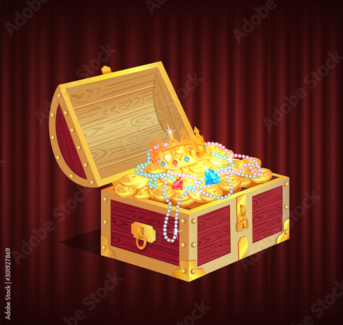 Open dower chest with diamonds, gold and silver coins. 3d view of box with lock and precious sign, brilliant and money in container, golden crown, loot object vector. Red curtain theater background
