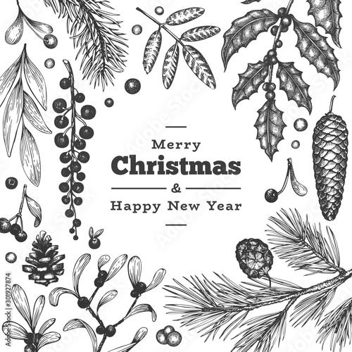 Christmas hand drawn vector greeting card template. Vintage style illustration