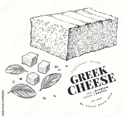 Greek cheese illustration. Hand drawn vector dairy illustration. Engraved style feta. Vintage food illustration.