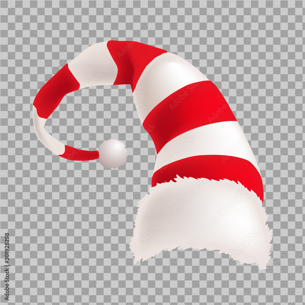 Vector illustration of santa claus christmas hat. Santa's creative striped hat.Isolated element of a Christmas costume. Realistic illustration of clothes. Vector illustration of santa claus christmas hat. Santa's creative striped hat.Isolated element of a Christmas costume. Realistic illustration of clothes.