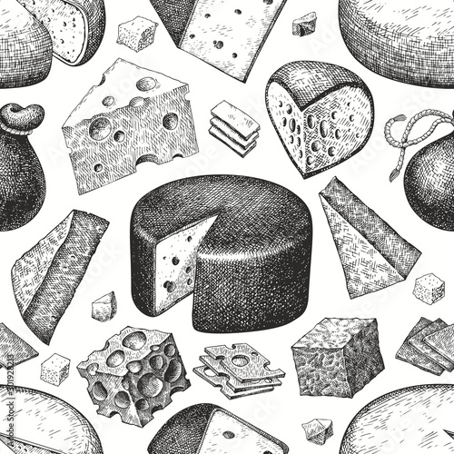 Tapety Jedzenie  cheese-seamless-pattern-hand-drawn-vector-dairy-illustration-engraved-style-different-cheese-kinds-vintage-food-background