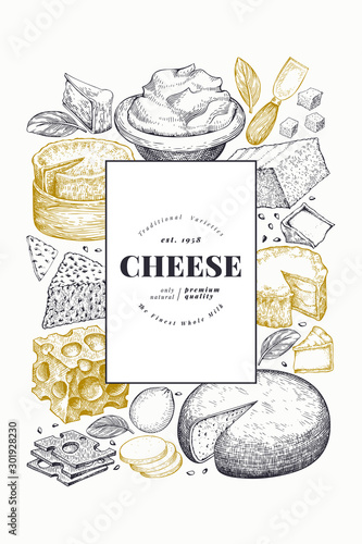 Cheese design template. Hand drawn vector dairy illustration. Engraved style different cheese kinds banner. Vintage food background.