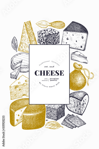 Cheese design template. Hand drawn vector dairy illustration. Engraved style different cheese kinds banner. Vintage food background.
