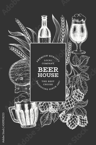 Beer glass mug and hop design template. Hand drawn vector pub beverage illustration on chalk board. Engraved style. Retro brewery illustration.