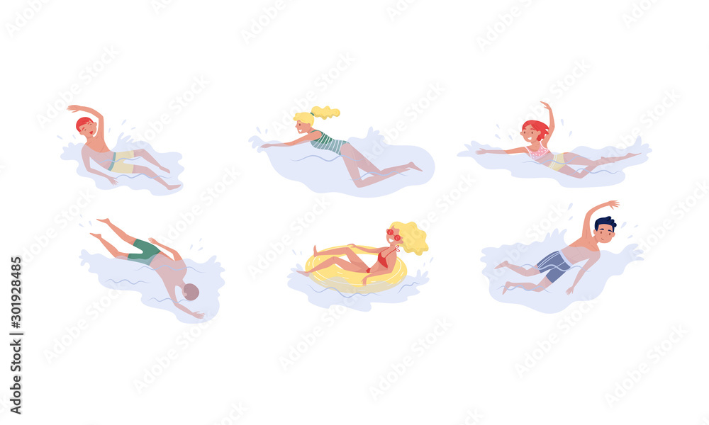 Obraz premium Set Of People Swimming In The Sea And Having Fun Vector Illustration