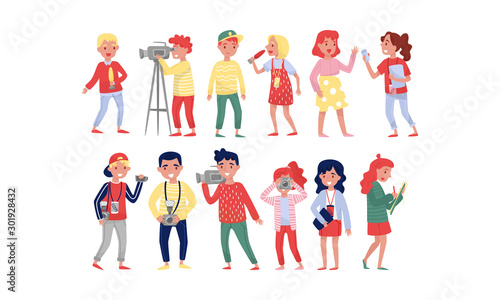 Professional Photographers, Operators, Journalists, Paparazzi And Bloggers At Work In Event Vector Illustration Set Isolated On White Background
